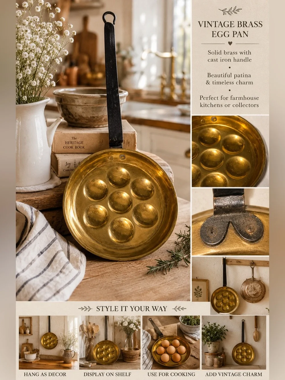 Vintage Brass Æbleskiver Danish Pancake Pan 7 Cup Iron Handle